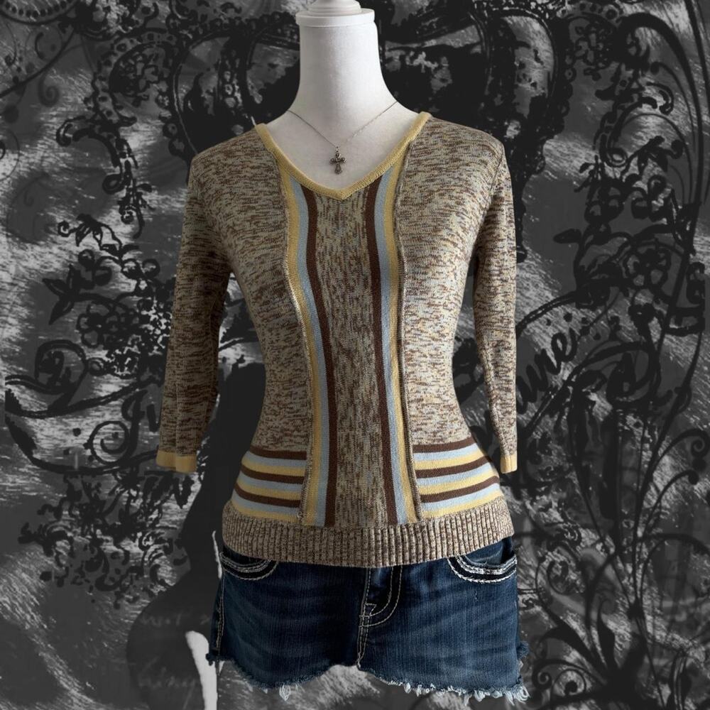 heather cream v-neck knit with retro pastel yellow blue brown preppy stripes